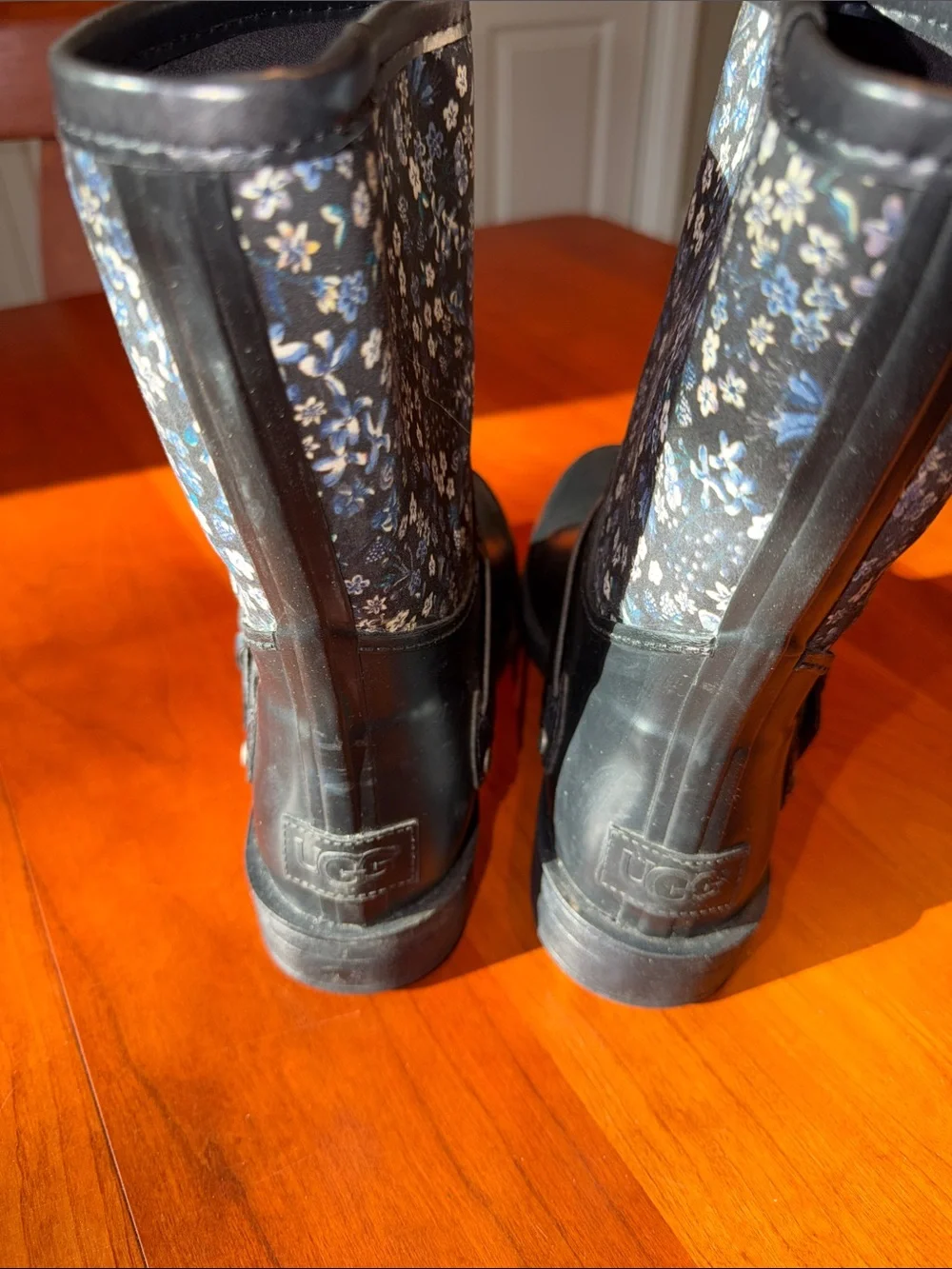UGG Sivada Liberty Black Floral Mid-Calf Rain Boots with Buckle Accent